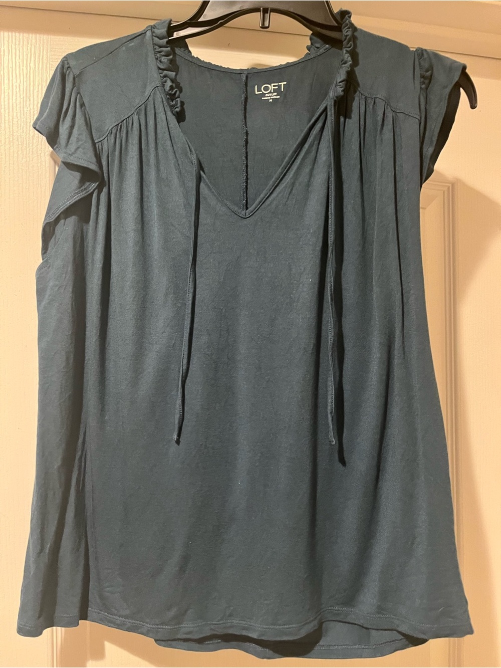 LOFT Teal V-Neck Tie Detail Ruffle Sleeve Tank